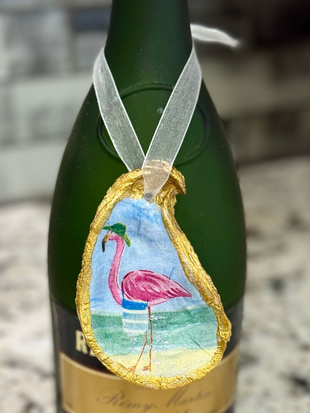 Hand Crafted Pink Flamingo Oyster Shell Ornament